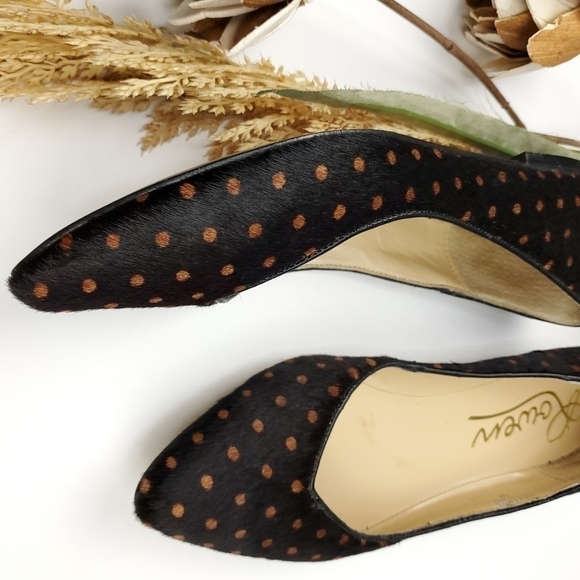 Rowen Faux Fur Black Tan Polka Dot Flats 7m - Picture 6 of 7